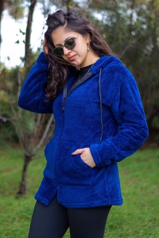 Kadın Saks Koyu Mavi Peluş Kalın Fermuarlı Kapüşonlu Cepli Ceket 23kcktmy50 001