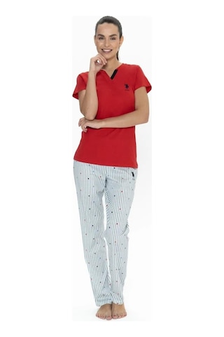 U.s. Polo Assn. Kadın V Yaka Yarım Kollu Patlı Çizgili Pijama Takım Kırmızı