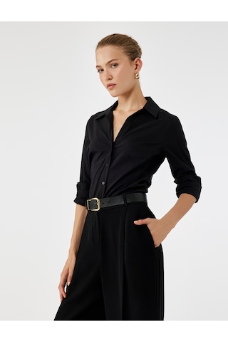 Koton Slim Fit Düğmeli Klasik Yaka Uzun Kollu Poplin Gömlek Siyah 7wak60016uw