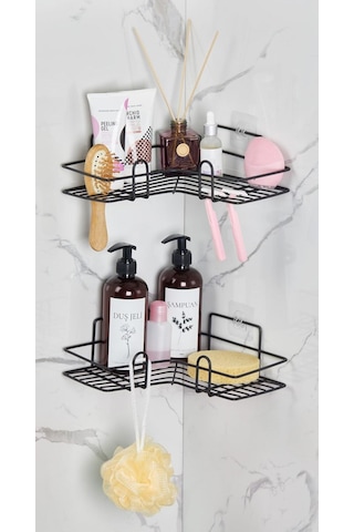 Orsa Home 2 Adet Geniş L Tasarım Güçlü Magic Yapışkanlı Siyah Banyo Köşe Rafı 229 Siyah