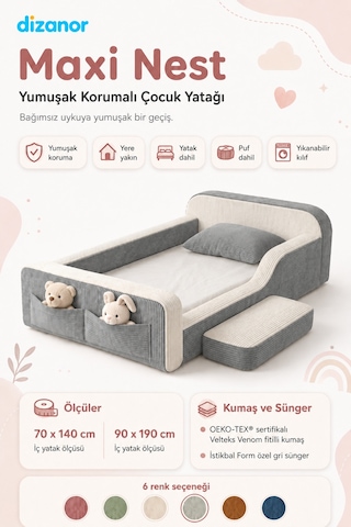 Dizanor Maxi Nest %100 Sünger Montessori Çocuk Karyola Baza Başlık Ve Yatak Seti Gri Fitilli 70 X 140