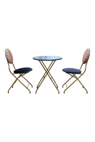 Katlanabilir Leopar Desenli Gold Metal Masa Ve Sandalye Takımı -