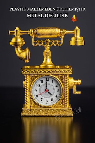 Vintage Telefon Model Nostaljik Dekoratif Masa Saati Gold Çalar Saat Altın, 7480000717325 Çok Renkli