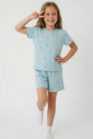 Breeze Kız Çocuk Şortlu Pijama Takımı Çiçek Desenli 4-8 Yaş, Açık Mavi