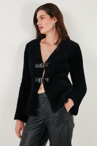 Lela Premium Regular Fit V Yaka Çift Kemerli Peluş Bayan Hırka 680Hi00112 Siyah