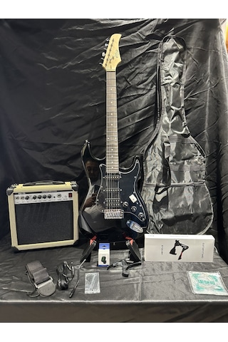 Siyah Elektro Gitar Full Set 15w Bluetooth Amfi