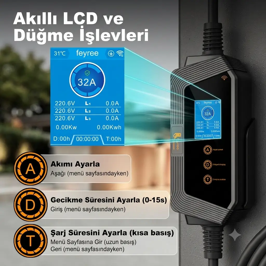 Feyree 32amper 3 Faz Tip-2 Elektriki Araç Taşınabilir Şarj İstasyonu 22kw Wıfı-app Özellikli 5metre 22 kw