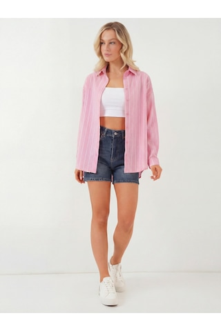 Bigdart Kadın Çizgili Oversize Gömlek 20293 - Pembe