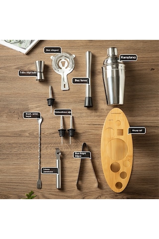 11 Parçalı Paslanmaz Çelik Kokteyl Şeker Seti - Profesyonel Bar Malzemeleri 700/600 Ml Boston