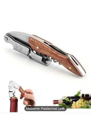 Atay Garage Tirbuşon Ahşap Saplı Paslanmaz Çelik Açık Kahverengi