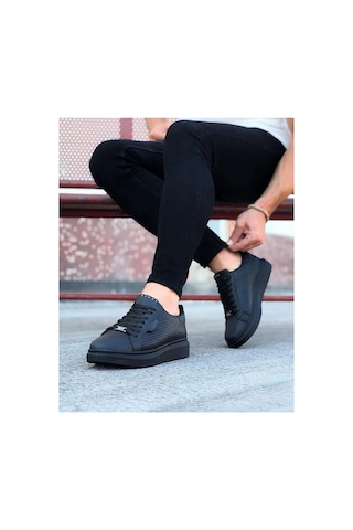 Mevese Tromto Bağcıklı Cilt Delikli Erkek Günlük Sneaker Ayakkabı - Siyah