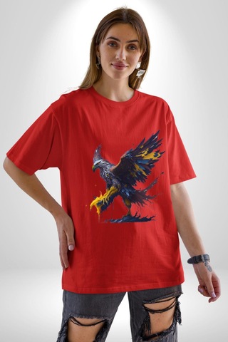 Kara Kartal Sulu Boya Pamuklu Bisiklet Yaka Unisex Oversize Boyfriend Dijital Baskılı Kırmızı T-shirt Kırmızı