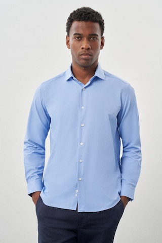 İmza Mavi Uzun Kol Düz Bez Ayağı Yarım İtalyan Yaka Cepsiz Pamuklu Classic Slim Fit Gömlek 1004245268 Mavi