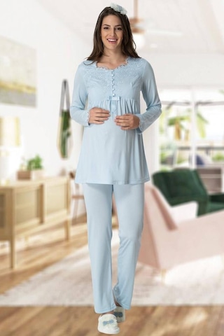 Mecit Pijama Mecit 5416 Bayan Hamile Lohusa Mavi Sabahlıklı Pijama Takımı 001