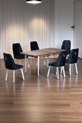 Minel Açılabilen Metal Ayak Mdf Mutfak Masası Takımı 6 Antrasit Sandalye 80 X 132 Antrasit