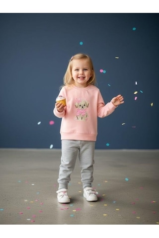 Zekids Kız Bebek Pamuklu Köpek Baskılı Eşofman Takımı-16567 Pembe
