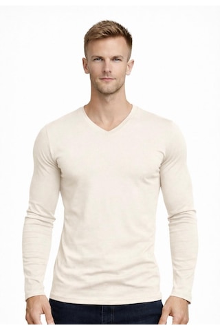Axxel Erkek Açık Krem Pamuklu Likralı Süprem Uzun Kollu T-shirt-d236 Açık Krem
