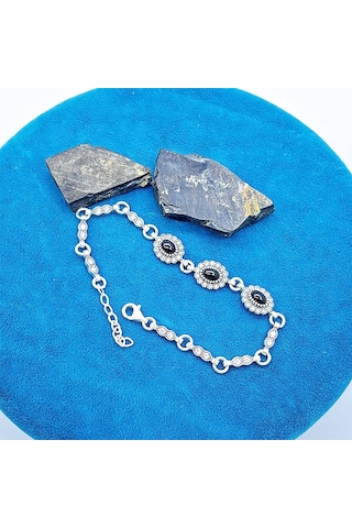 Oval Zirkon Ve Oltu Taşı İşçilikli 925 Ayar Gümüş Bileklik Siyah - Gümüş