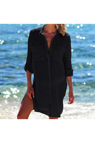 Cbtx Plaj Cover Up Robe Cep Mayo Cover Up Sarong Plaj Gömlek Üstleri Mayo Kadın Beachwear Pareo Tunik Siyah