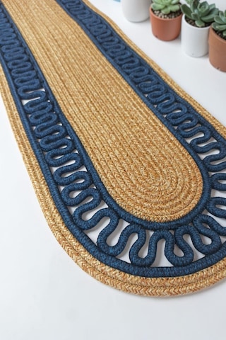 Bej Mavi Dekoratif Örgülü 35x100 Cm Runner Şık Masa Orta Sehpa Üstü Dekoratif Sofra Aksesuarı Çok Renkli