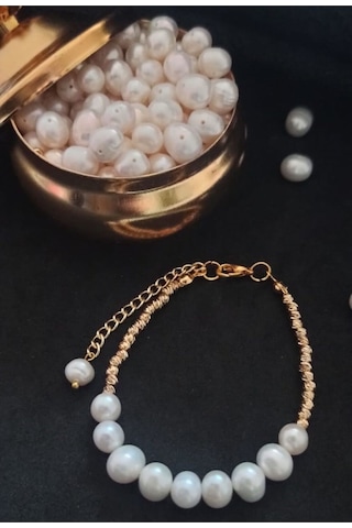 Dorika Detaylı Gerçek İnci 24k Altın Kaplama Bileklik Beyaz Tek E Gold