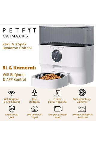Catmax Pro Akıllı Otomatik Mama Kabı, 5l Kapasiteli, Wi-fi Kameralı, Sesli Komutlu, App Kontrollü, Çelik Kaseli