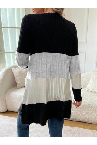 Kadın Uzun Kollu Çok Renkli Önden Düğmeli Uzun Ceket Siyah