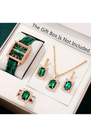 Kadın Vintage Kare Kuvars Saat Analog Ve Kolye+küpe+yüzük Takı S Yeşil