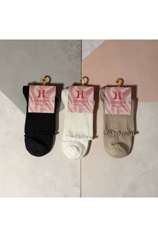 Heren Socks Heren Lastik Fırfırlı 3'lü Kadın Çorap , Fitilli Fırfırlı Kolej Boy Ekru - Bej - Siyah