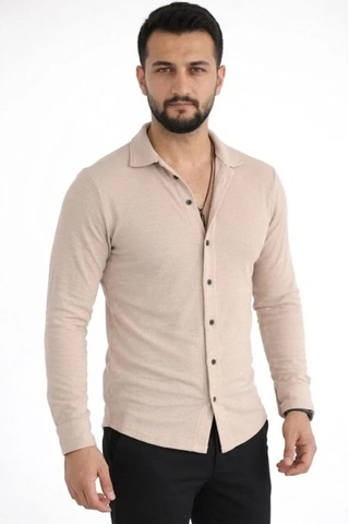 Etiler Collection Erkek Waffle Kumaş Uzun Kollu Düğmeli Açık Yaka Regular Fit Gömlek - Bej