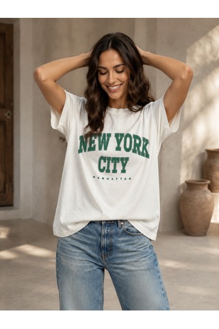 Nealirsanall.com Kadın Ekru New York City Baskılı Oversize T-shirt - Kolej Tarzı Tişört