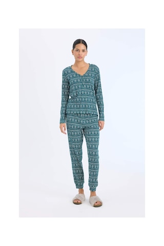 DeFacto Fall in Love Pijama Takımı Waffle Kumaş Uzun Kollu Üst Esnek Belli Uzun Alt D2284AX24WNGN1040 Yeşil