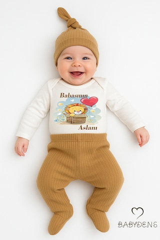 Babyden's Babasının Aslanı Baskılı 3 Lü Bebek Takımı Uzun Kol Çıtçıtlı Zıbın, Pantolon, Bere %100 Pamuk Açık Kahverengi