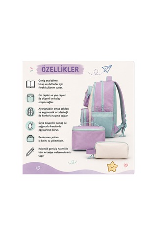 Peluş Oyuncak Detaylı 3'lü İlkokul Çanta Seti - Çok Bölmeli Su İtici Okula Dönüş İlkokul Turkuaz