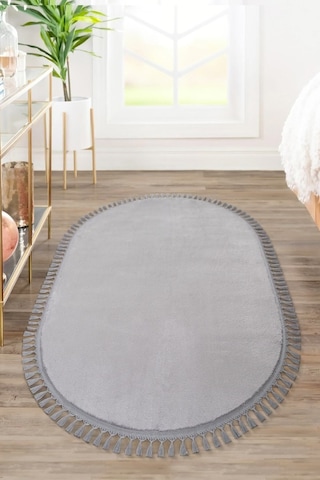 Comfort Oval Overloklu Peluş Halı Gri Gri Ponpon Saçaklı Oval