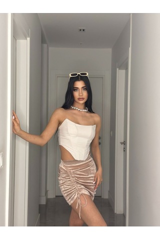 Pepulem Kıvrak Simli Kadife Mini Etek Pudra