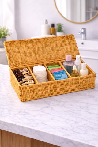 4 Bölmeli Kapaklı Hasır Düzenleyici Kutu - Rattan Örgü Banyo Makyaj Kozmetik Aksesuar Organizeri Diğer