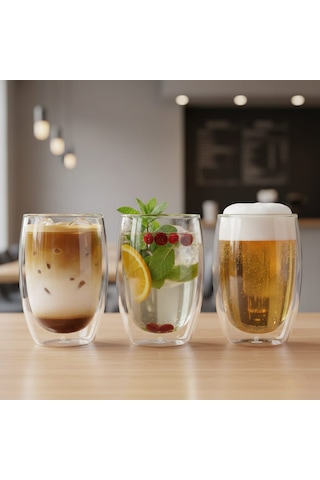 Roma 4 Adet Çift Camlı Çift Cidarlı Bardak 450 Ml Şeffaf