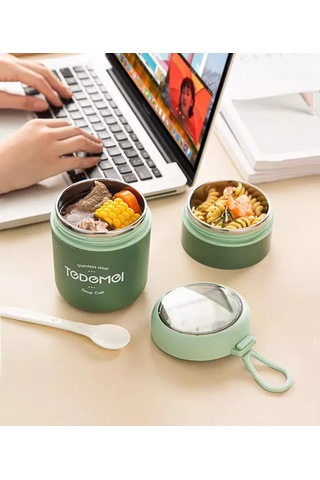 Dekorasyaa 2 Katlı Lunch Box - Yeşil - Paslanmaz Çelik - Kaşıklı - Yemek Taşıma Kabı - 710ml Yeşil
