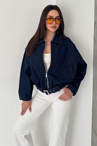 Öner Kadın Kemer Detaylı Kot Ceket Oversize Fermuarlı Denim Ceket Lacivert Mavi Mavi