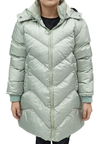 Kız Çocuk Mint Yeşili Kapüşonlu V Desenli Peluş Astarlı Fermuar Cepli Kapitone Midi Boy Şişme Mont Mint Yeşili