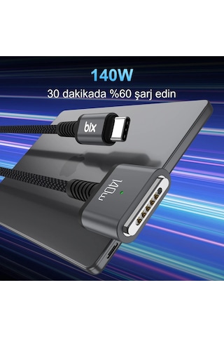 Bix Bxm3c 140w Type-c To Magsafe 3 Macbook Pro Ve Macbook Air 13,14,16, M1 M2 Uyumlu Manyetik Örgülü Şarj Kablosu 2 Metre