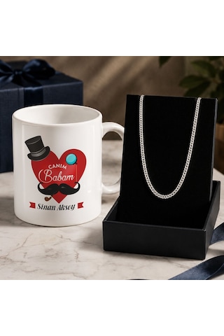 Bk Gift Kişiye Özel Babalar Günü Tasarımlı Beyaz Kupa & Sık Gurmet Zincir Kolye -1, Babalar Günü Hediyesi Gümüş