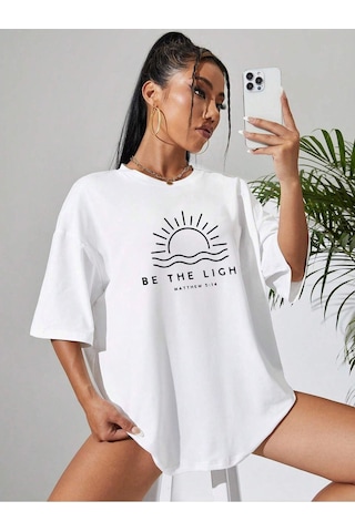 Be The Lıght Kadın Renkli Özel Baskılı Oversize Süprem Bisiklet Yaka T-shirt Beyaz-283784