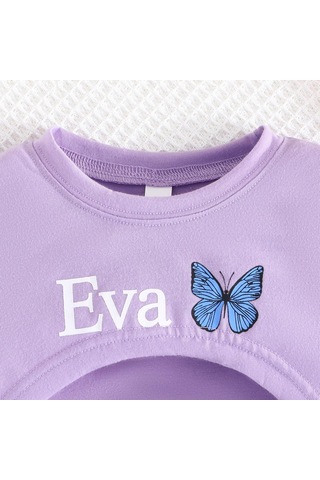 2-7 Yaş Çocuk Takımı Yaz Yeni Tatlı 2 Parça Günlük Hanım Tarzı Kısa Kollu Kayık Yaka Üst + Kelebek Baskılı Askılı Etek Mor