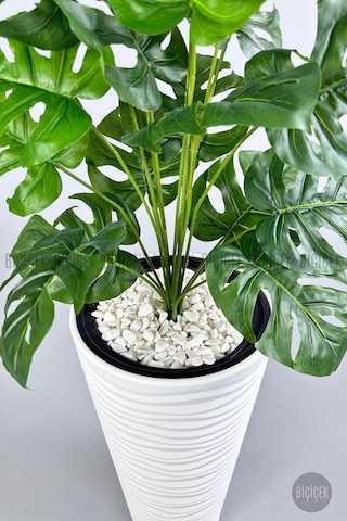 Biçiçek Yapay Monstera Deve Tabani Bi̇tki̇si̇ 130 Cm Beyaz Kumsal Saksıda