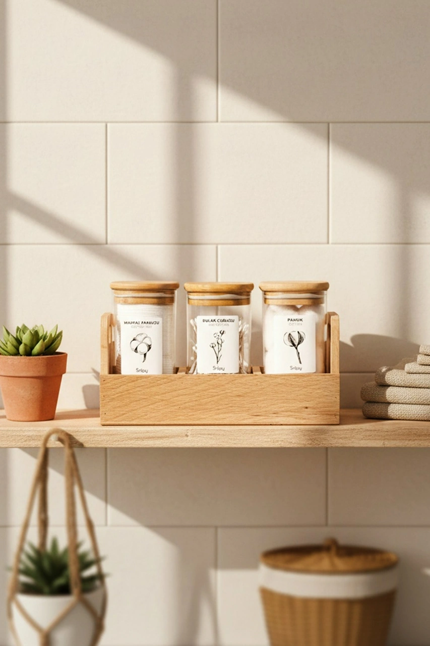 Tubbly - 3'lü Standlı Kare Ahşap Vakum Kapaklı Banyo Düzenleyici Plastik Banyo Seti Etiketli Ahşap