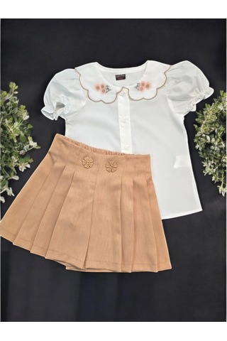 Yakası Dantelli Kız Çocuk Şort Etekli Takım Kahverengi