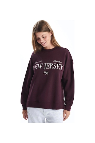 LC Waikiki Lcw Vision Mürdüm Bisiklet Yaka Baskılı Oversize Kadın Kalın Sweatshirt Plum