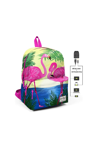 Coral High Flamingo Aşkı Üç Gözlü Okul ve Günlük Sırt Çantası USB+AUX Soketli